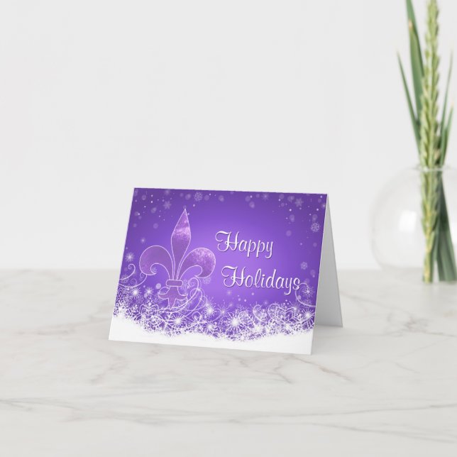 Tarjeta Elegante Lavanda Fleur-de-lis Vacaciones con copos (Anverso)