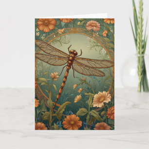 Tarjeta Elegante libélula verde de primavera Art Nouveau