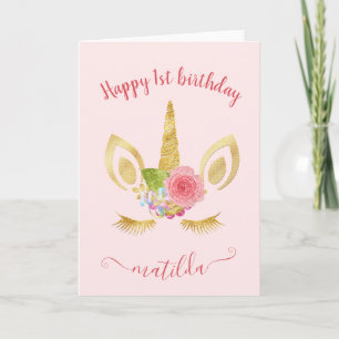 Tarjeta Elegante lindo purpurina de oro de primer cumpleañ