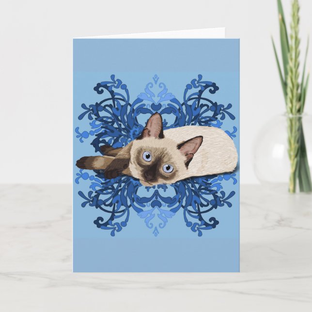 Tarjeta Elegante línea floral azul siamesa de gatos Bonito (Anverso)