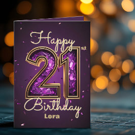 Tarjeta Elegante lujoso morado y dorado 21 cumpleaños