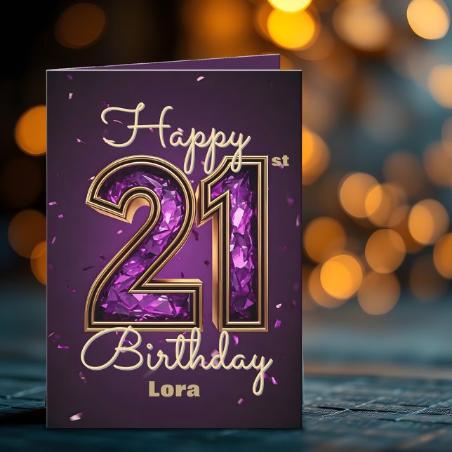 Tarjeta Elegante lujoso morado y dorado 21 cumpleaños (Subido por el creador)