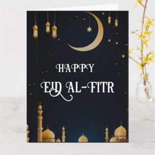 Tarjeta Elegante luna azul y oro Eid Al-Fitr Crescent