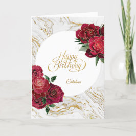Tarjeta Elegante Marble Roses Rojos Personalizado Cumpleañ