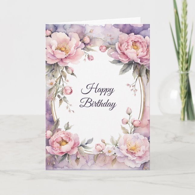 Tarjeta Elegante marco rosado Peony Oval Cumpleaños (Anverso)