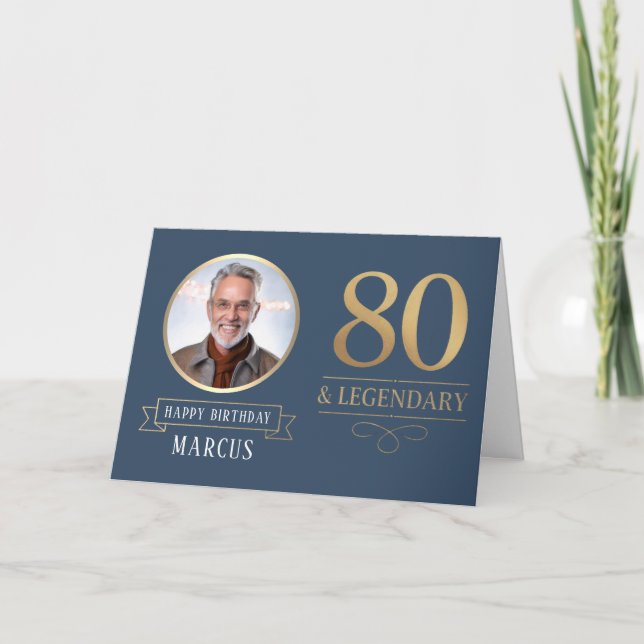 Tarjeta Elegante marina y oro 80 y legendario cumpleaños (Anverso)