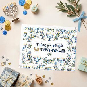 Tarjeta Elegante Menorá de Acuarela Azul y Dorado Hanukkah