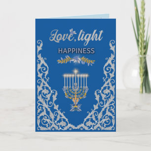 Tarjeta Elegante Menorá de Hanukkah Azul Ornamental