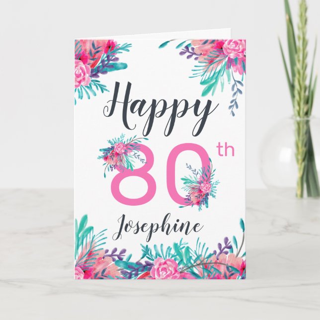 Tarjeta Elegante moda floral número 80 feliz cumpleaños (Anverso)