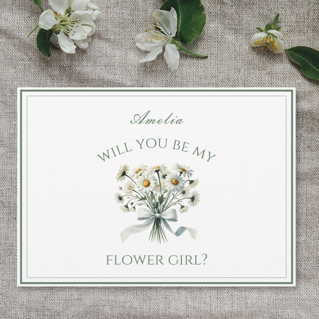 Tarjeta Elegante Moda personalizada Daisies Bow Flower Gir (Pop the question to your flower girl with this charming daisy card, personalized with her name.)