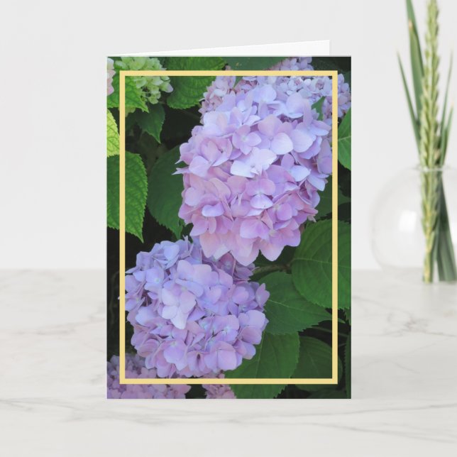 Tarjeta Elegante Moda Púrpura Hidrangeas Flores Marco Oro (Anverso)