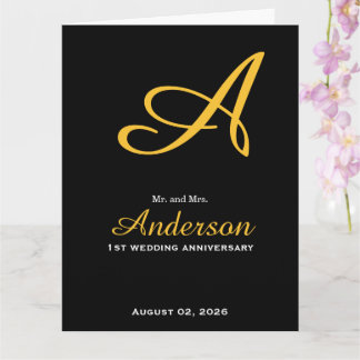 Tarjeta Elegante Monograma Bodas de Aniversario Negro Oro
