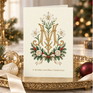 Tarjeta Elegante Monograma Mariano Católico de Oro Lirio