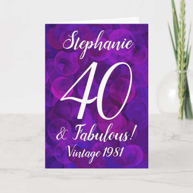 Tarjeta Elegante morado 40 y fabuloso cumpleaños personali (Anverso)