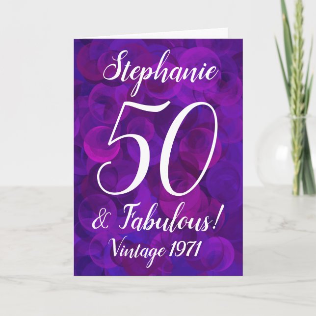 Tarjeta Elegante morado 50 y fabuloso cumpleaños personali (Anverso)