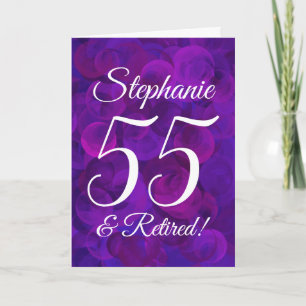 Tarjeta Elegante morado 55 y jubilado feliz retiro