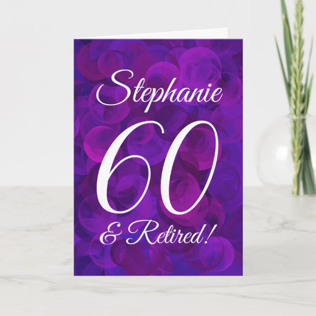 Tarjeta Elegante morado 60 y jubilado feliz retiro (Anverso)