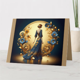 Tarjeta Elegante mujer Art Deco en oro y azul