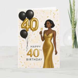 Tarjeta Elegante mujer negra cumpleaños 40 oro