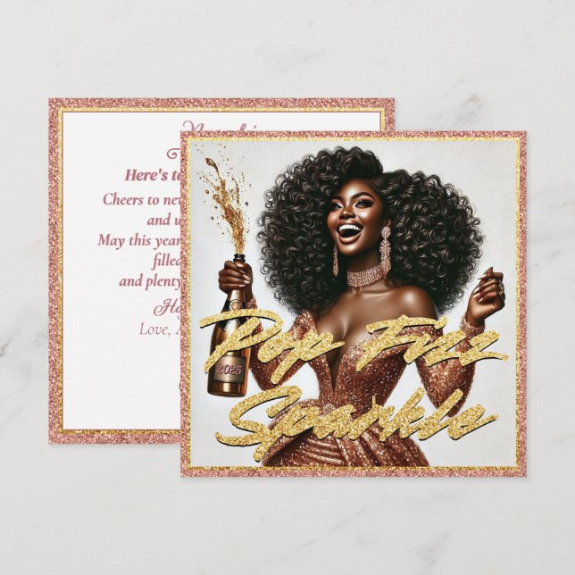 Tarjeta Elegante mujer negra Rosa de oro Champagne Año Nue (Anverso / Reverso)