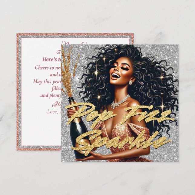 Tarjeta Elegante mujer negra Rosa de oro Champagne Año Nue (Anverso / Reverso)