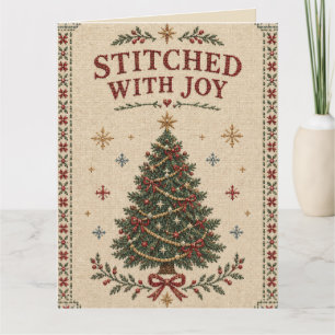 Tarjeta Elegante Navidad Bordada, Aguja Vintage Puntillism