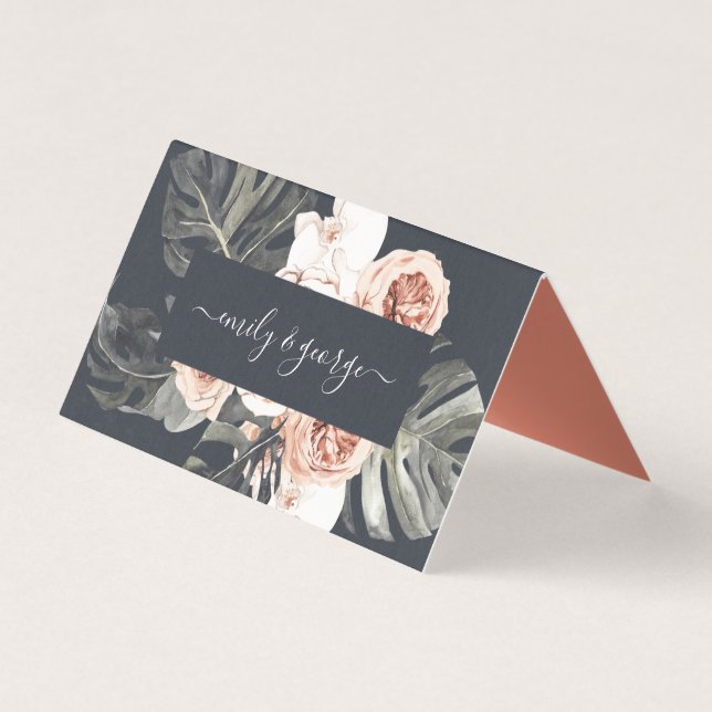 TARJETA ELEGANTE NAVY RUST MONSTRERA PEONY BODA FLORAL (Reverso)