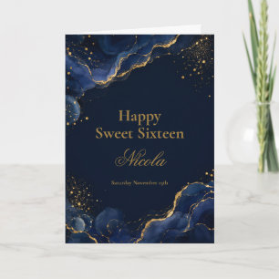Tarjeta Elegante Navy y Oro Tinta Alcohol Dulces Dieciséis