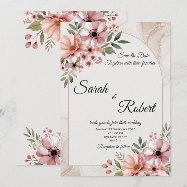 Tarjeta elegante neutral de tono rosado floral par (Anverso / Reverso)