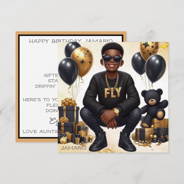 Tarjeta Elegante niño afroamericano negro/dorado cumpleaño (Anverso / Reverso)