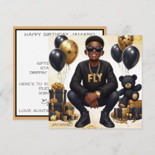 Tarjeta Elegante niño afroamericano negro/dorado cumpleaño