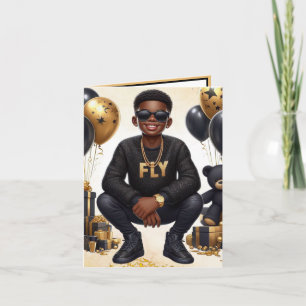Tarjeta Elegante niño afroamericano negro/dorado cumpleaño