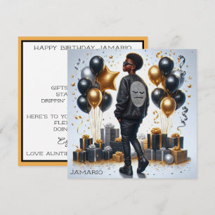 Tarjeta Elegante niño afroamericano negro/dorado cumpleaño
