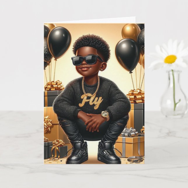 Tarjeta Elegante niño afroamericano negro/dorado cumpleaño (Planta pequeña)