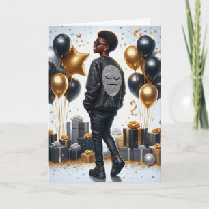 Tarjeta Elegante niño afroamericano negro/dorado cumpleaño