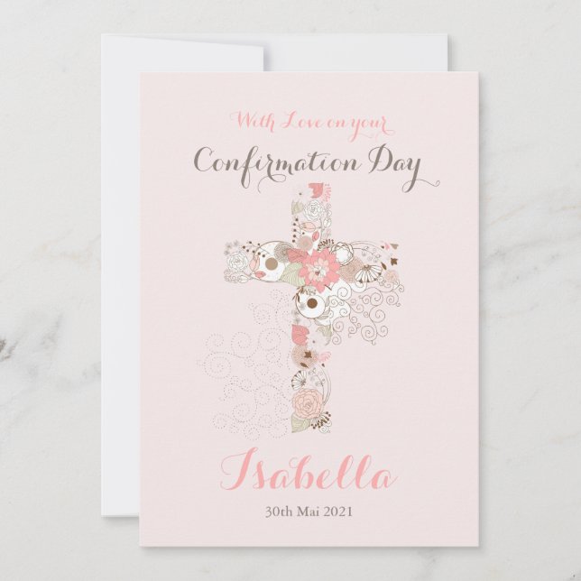 Tarjeta Elegante nombre de cruz floral de confirmación de  (Anverso)