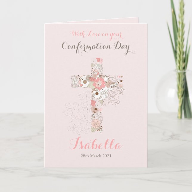 Tarjeta Elegante nombre de cruz floral de confirmación de  (Anverso)