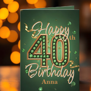 Tarjeta Elegante Opulento Cumpleaños 40 en Verde y Dorado