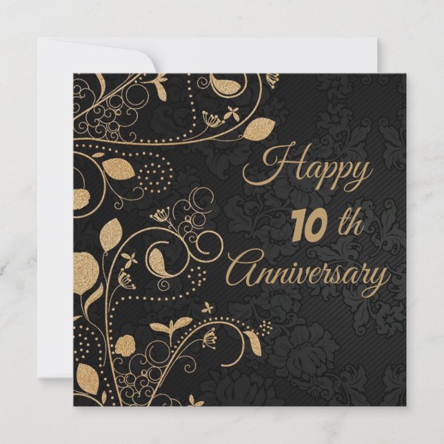 Tarjeta Elegante, Ornamentos de Oro, 10 años (Anverso)