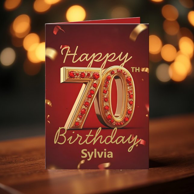 Tarjeta Elegante oro lujoso y rojo rubí 70 cumpleaños (Subido por el creador)