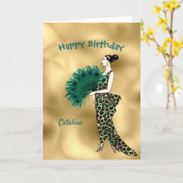 Tarjeta Elegante oro Verde azulado Art Deco Lady Cumpleaño