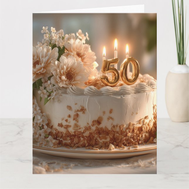 Tarjeta Elegante pastel de cumpleaños número 50 con topper (Anverso)