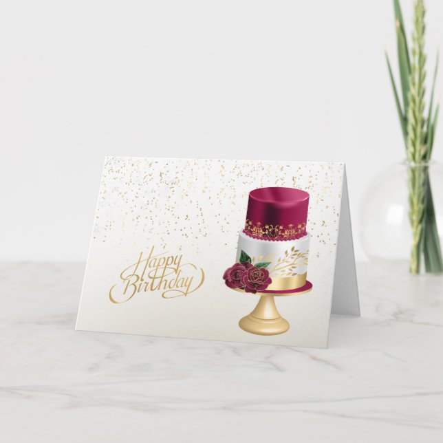 Tarjeta Elegante pastel de cumpleaños rojo dorado (Anverso)