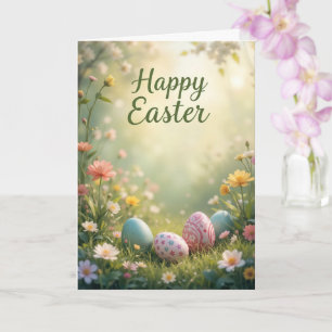 Tarjeta Elegante Pastel Feliz Pascua con flores y huevos