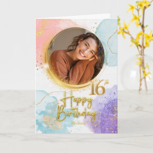 Tarjeta Elegante Pastel y Dorado Foto Nombre 16 Cumpleaños
