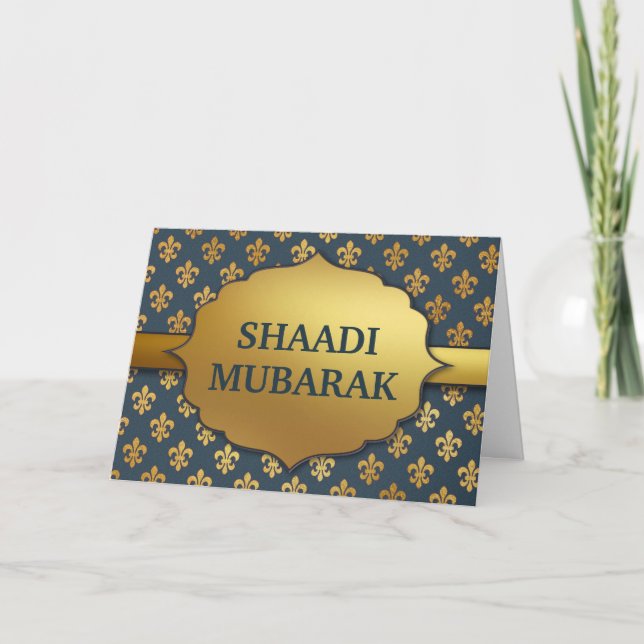 Tarjeta Elegante patrón azul flor-de-lis Shaadi Mubarak (Anverso)
