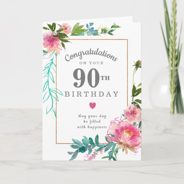 Tarjeta Elegante Pink Peony Floral 90 cumpleaños (Anverso)