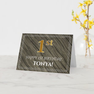 Tarjeta Elegante primer cumpleaños: madera falsa, aspecto