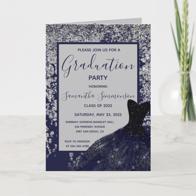 Tarjeta Elegante Purpurina azul plateado vestido Grad Phot (Anverso)