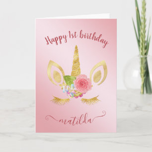 Tarjeta Elegante purpurina de oro de primer cumpleaños uni